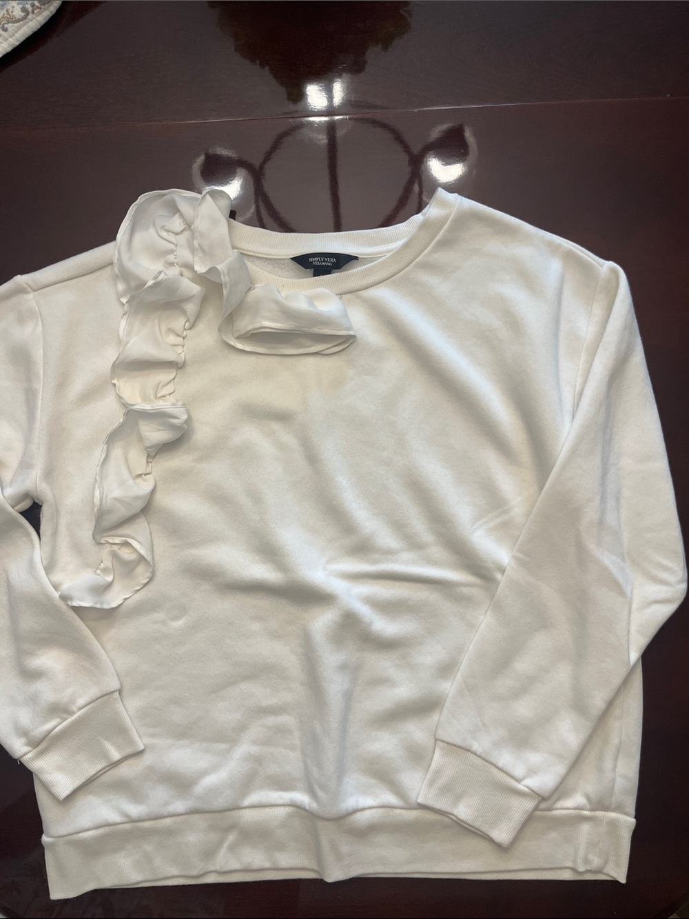 Simply Vera Vera Wang White Ruffle-Accent Crewneck Sweater